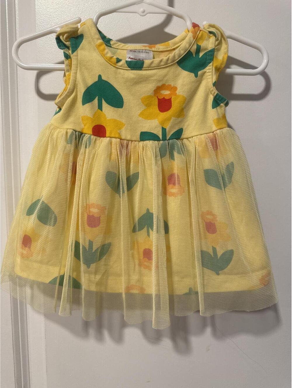 Hanna Anderson Baby Yellow Floral Dress with Tulle Overlay, Size 0-3 Months